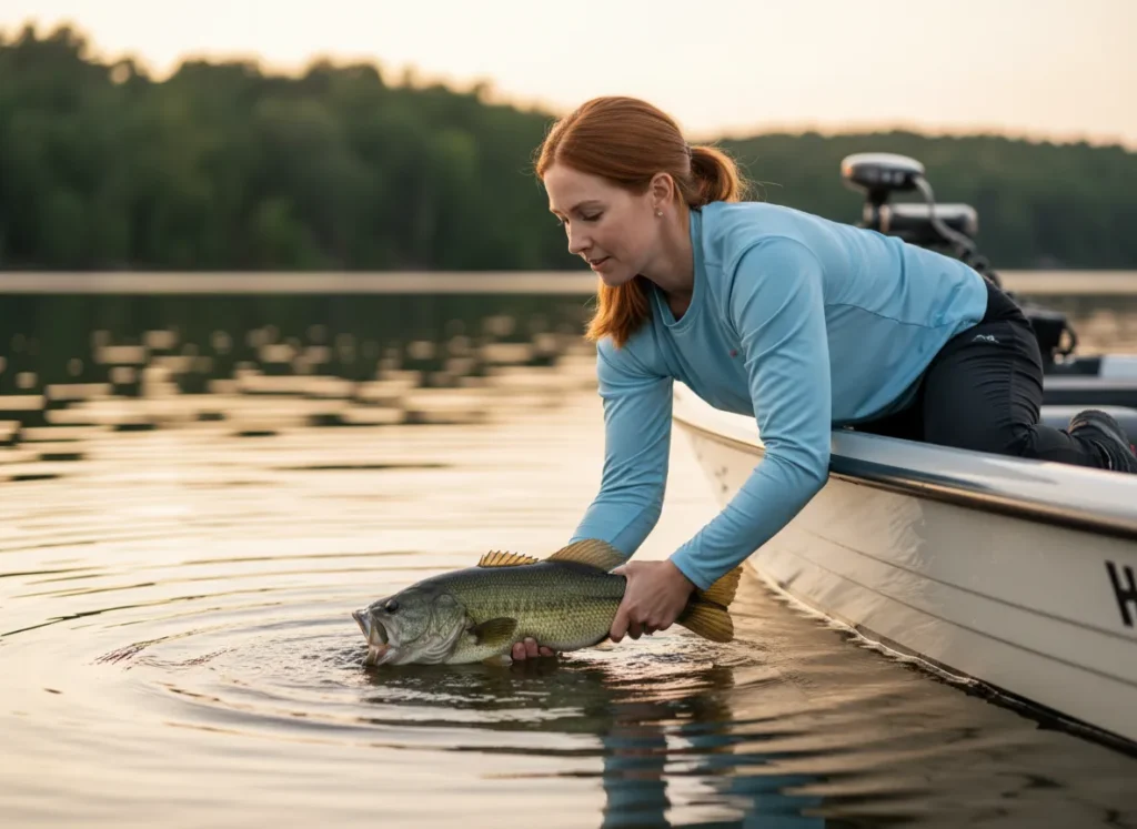 A female angler practicing sustainable catch and release by carefully reviving a large bass in the water before letting it go.