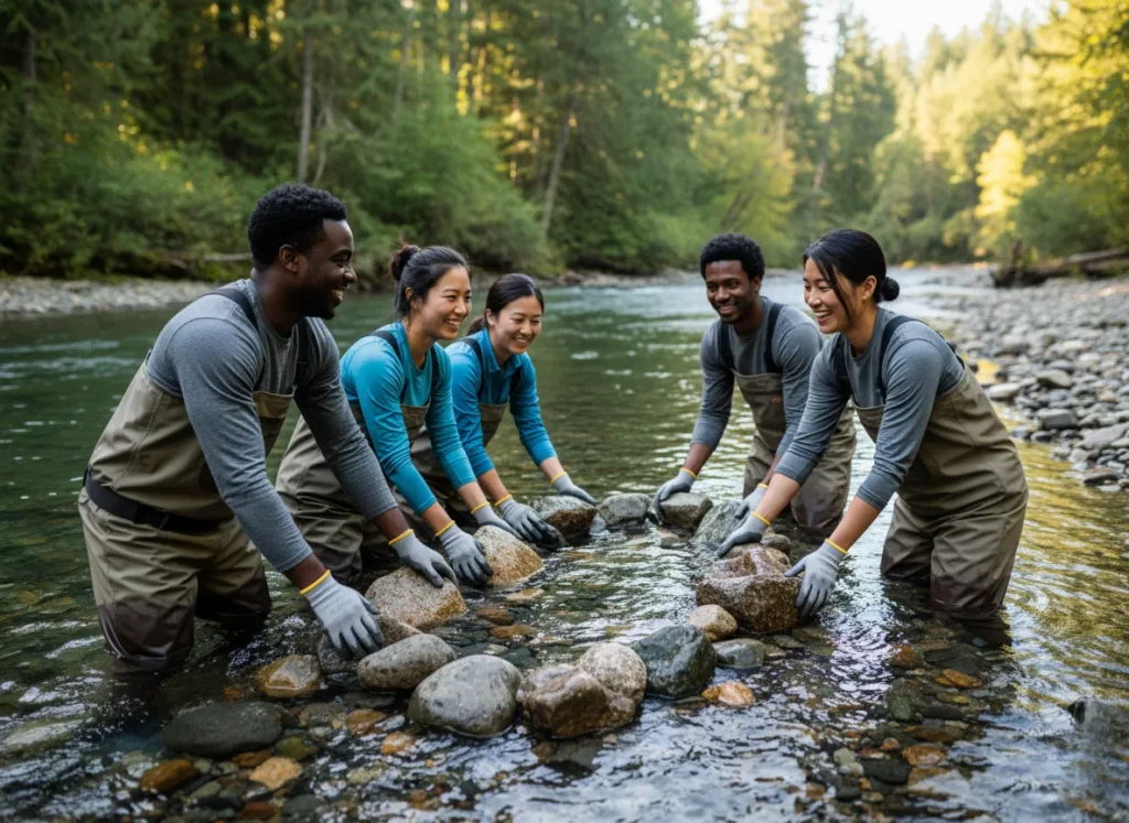 A diverse group of volunteers work together in a stream to build a rock structure for a fish habitat restoration project.