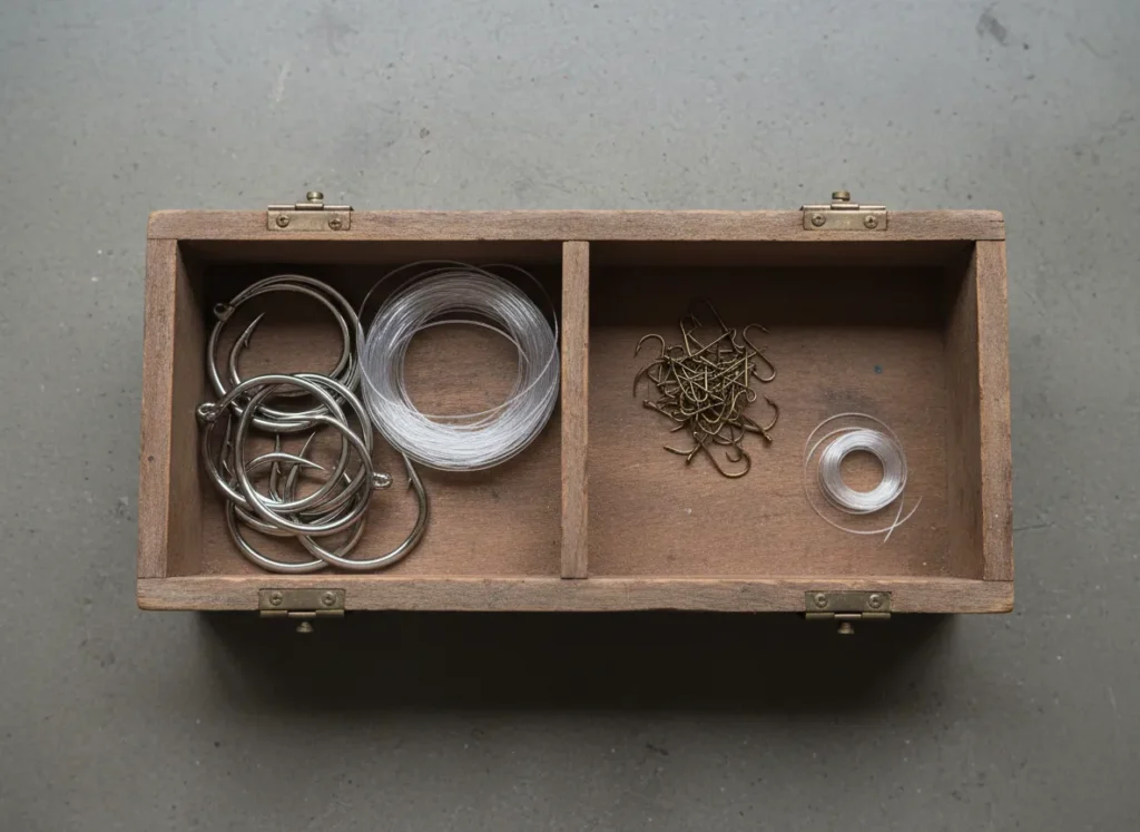 An overhead view of a tackle box showing the difference between large saltwater hooks and line versus small freshwater hooks and line.