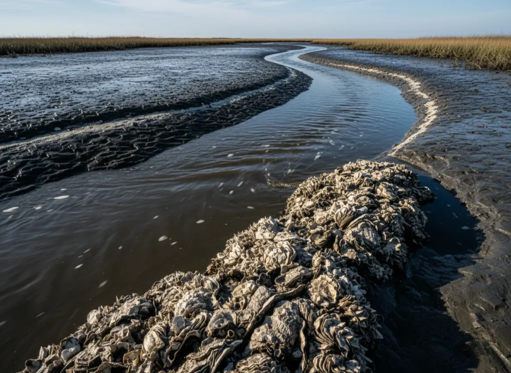A tidal creek mouth at low tide, exposing an oyster bar and muddy banks which create a perfect ambush point for predator fish.