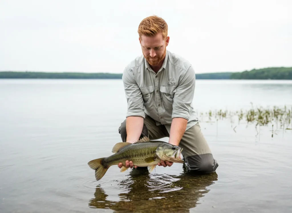 A man carefully practices catch and release, gently holding a bass in the water before letting it go.