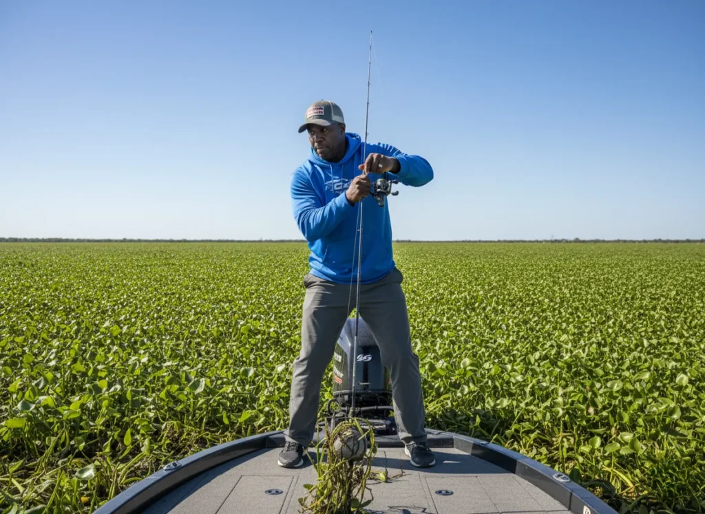 A male angler executing a punching technique, powerfully casting his lure into thick aquatic vegetation from his boat.