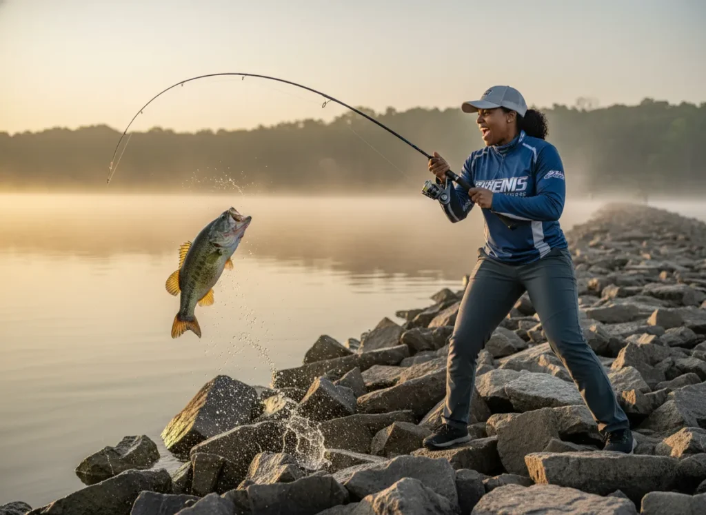 A female angler in her 30s intensely fighting a largemouth bass near a rocky causeway during the early morning.