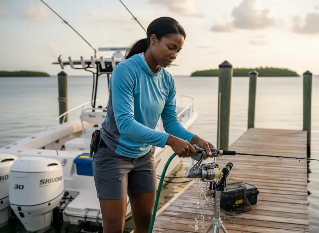 An athletic woman in fishing attire carefully rinses her saltwater spinning reel with fresh water on a boat ramp after fishing.