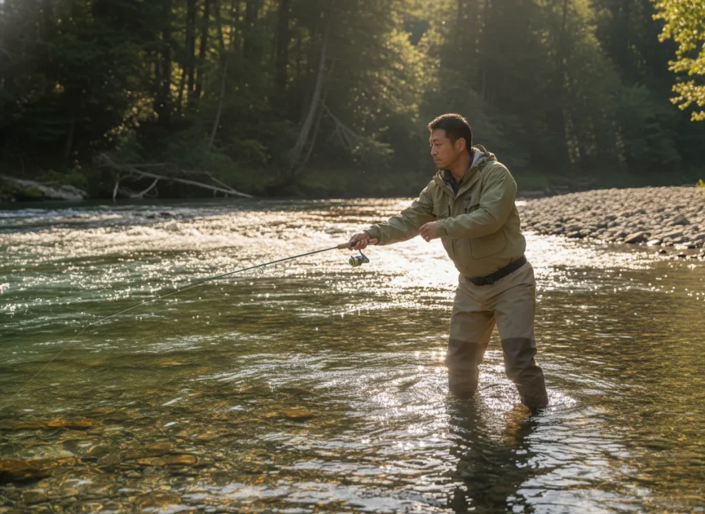 A male angler in his 30s wading in a clear river while casting a light spinning rod to fish for migrating shad.
