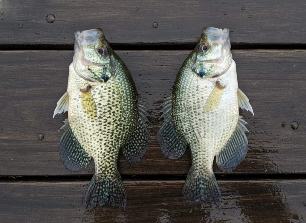A direct comparison photo of a Black Crappie and a White Crappie side-by-side, highlighting their different color patterns.