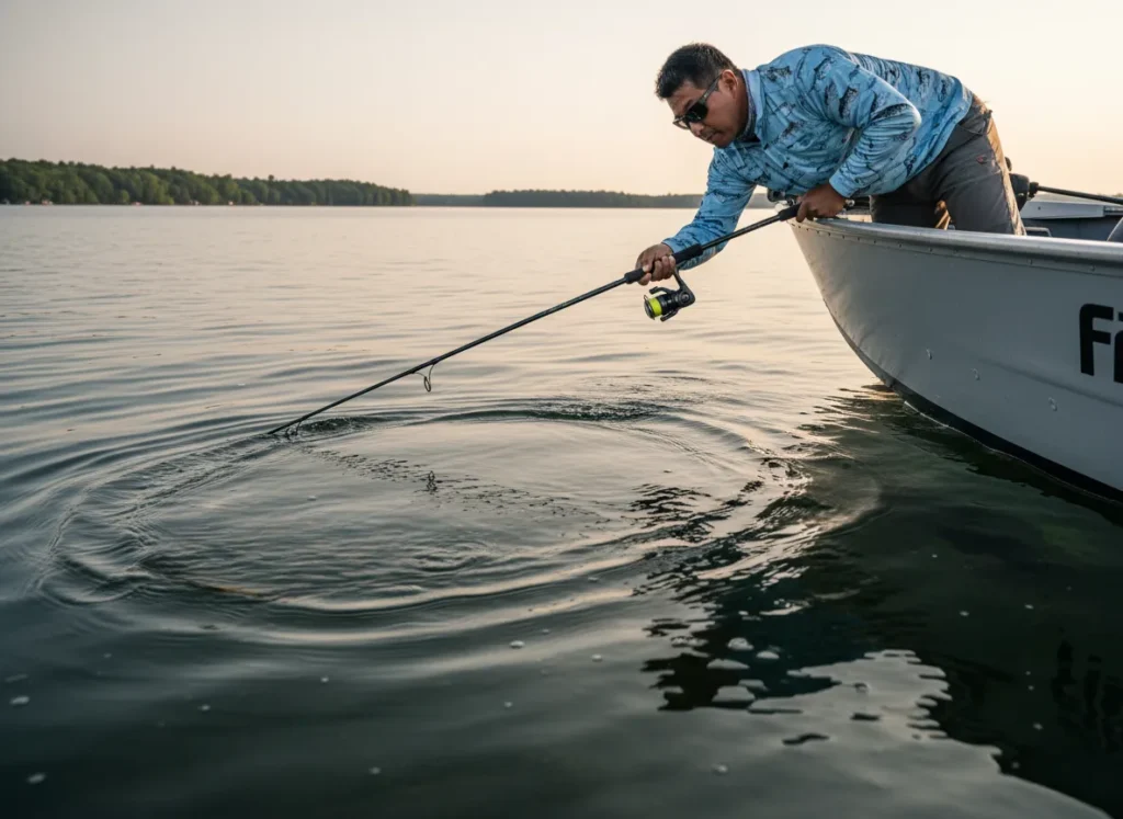An angler leans over the side of his boat, performing a boatside Figure-8 technique with his lure visible in the water.