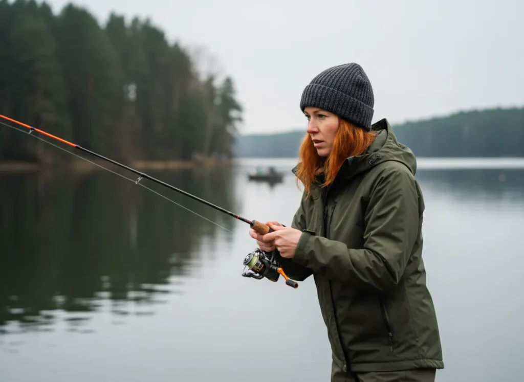 A focused female angler in a jacket holds an ultralight fishing rod, intently watching the tip for a subtle bite on a calm lake.