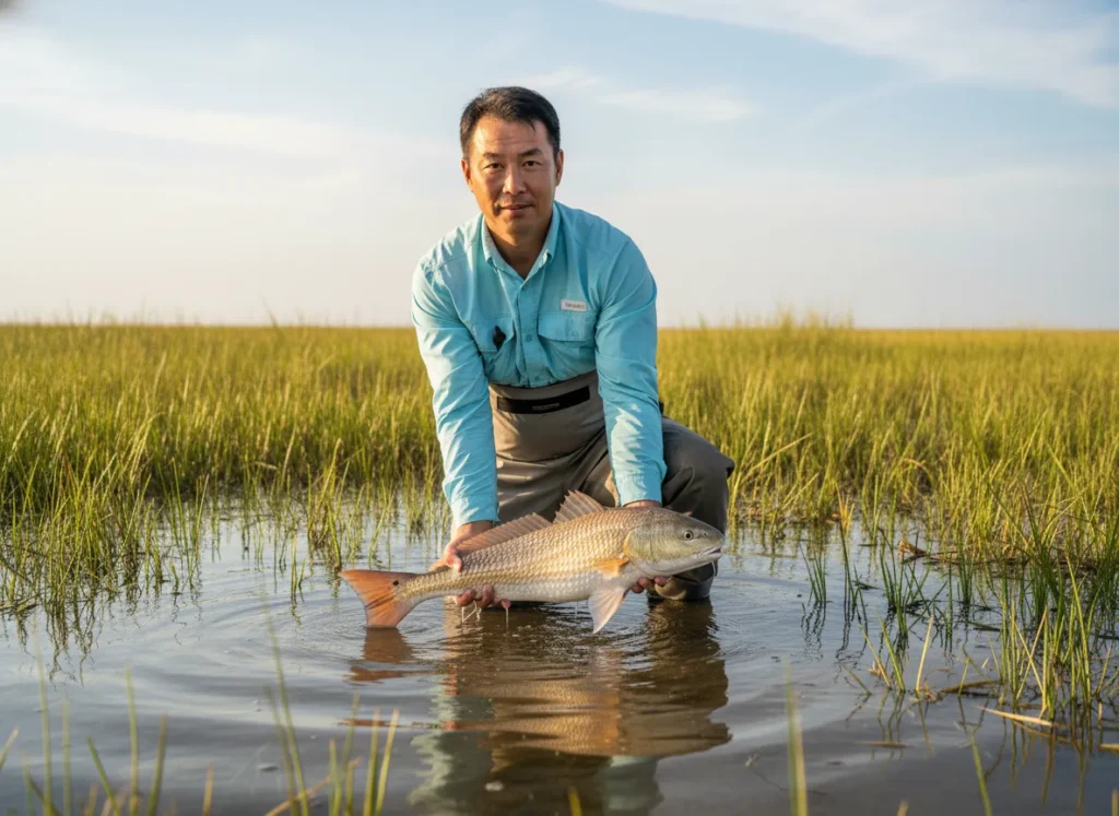 An angler carefully releases a fish back into the water in a salt marsh, demonstrating sustainable angling with his durable gear.