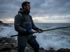 How to Fish From Shore: The Complete Tactical Guide A shore angler standing on rocky terrain facing rough ocean waves at sunrise.