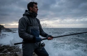 How to Fish From Shore: The Complete Tactical Guide A shore angler standing on rocky terrain facing rough ocean waves at sunrise.