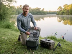 How to Keep Bait Alive: The Definitive Angler’s Guide A male angler in his 30s wearing a sun shirt kneels by a lake, smiling as he checks on the live minnows in his bait cooler.