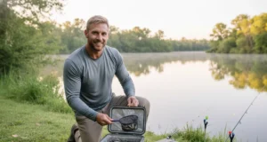 How to Keep Bait Alive: The Definitive Angler’s Guide A male angler in his 30s wearing a sun shirt kneels by a lake, smiling as he checks on the live minnows in his bait cooler.