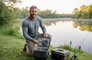 How to Keep Bait Alive: The Definitive Angler’s Guide A male angler in his 30s wearing a sun shirt kneels by a lake, smiling as he checks on the live minnows in his bait cooler.