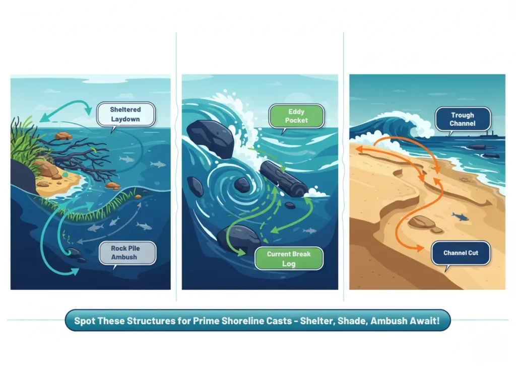 A vibrant educational infographic illustrating cross-section views of prime shore fishing spots in lakes, rivers, and beaches, highlighting structures like laydowns, eddies, and troughs with dynamic arrows and labeled features to guide anglers in locating fish.