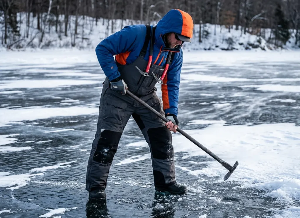 An ice fisherman testing ice integrity with a metal spud bar while wearing safety ice picks around their neck.