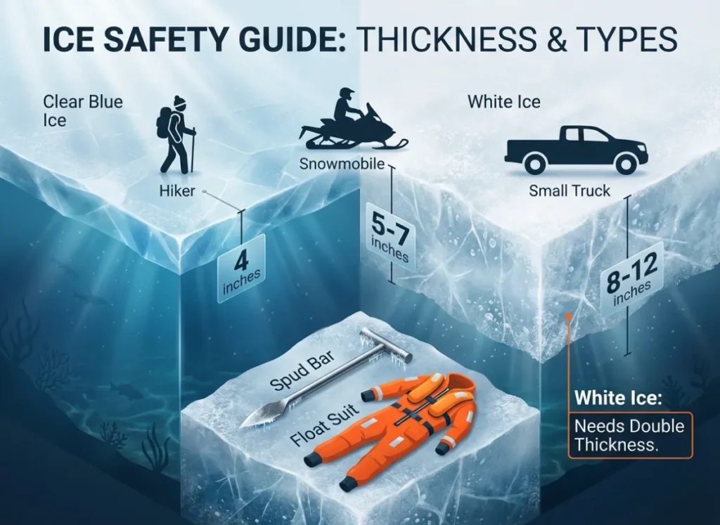 A detailed 3D infographic showing a cross-section of a frozen lake. It visualizes the safe ice thickness requirements for walkers (4 inches), ATVs (5-7 inches), and trucks (8-12 inches), distinguishing between strong clear blue ice and weaker white snow ice.