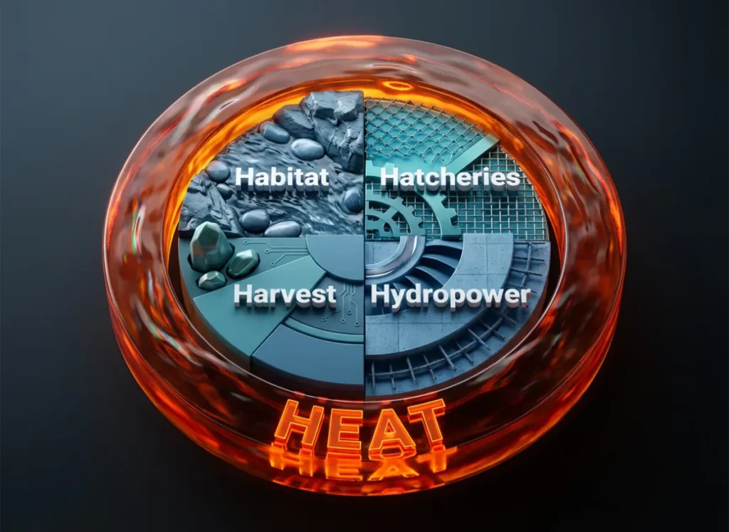 A high-definition 3D infographic diagram illustrating "The 4 Hs" of salmon recovery—Habitat, Hatcheries, Harvest, and Hydropower—represented as cool blue quadrants. They are surrounded and constricted by a glowing, translucent orange ring labeled "HEAT," symbolizing the threat multiplier effect of climate change.