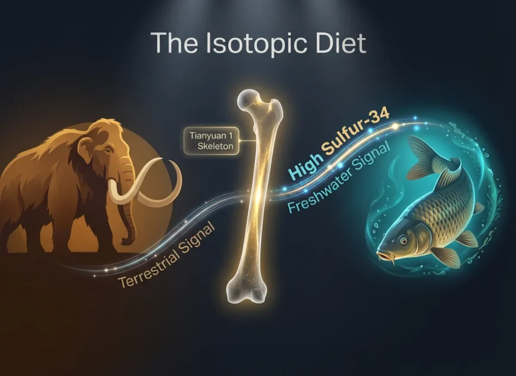 A sophisticated scientific infographic titled "The Isotopic Diet," visualizing the chemical difference between terrestrial meat and freshwater fish diets through the analysis of the Tianyuan 1 human skeleton.