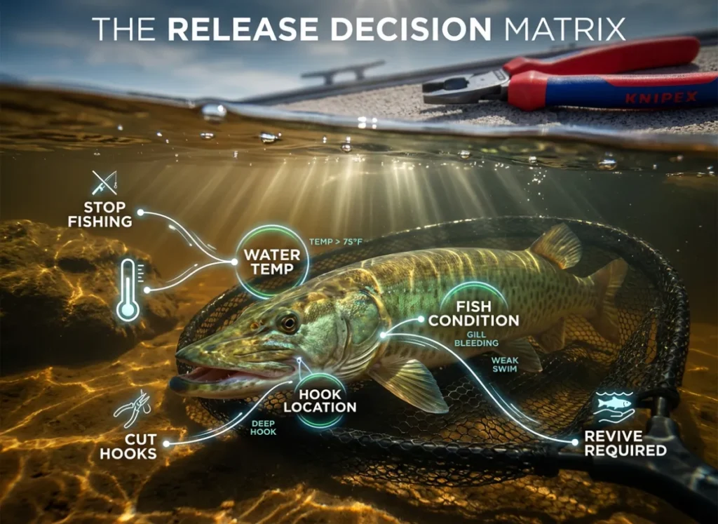 A split-level editorial infographic showing a trophy Musky in a net. Augmented reality text overlays outline a decision matrix for releasing the fish, including factors like water temp and hook location, with outcomes like "Cut Hooks" and "Revive Required."