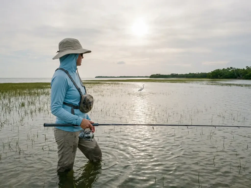 Angler wading a shallow inshore flat with a light spinning rod, the inshore reality of saltwater gear