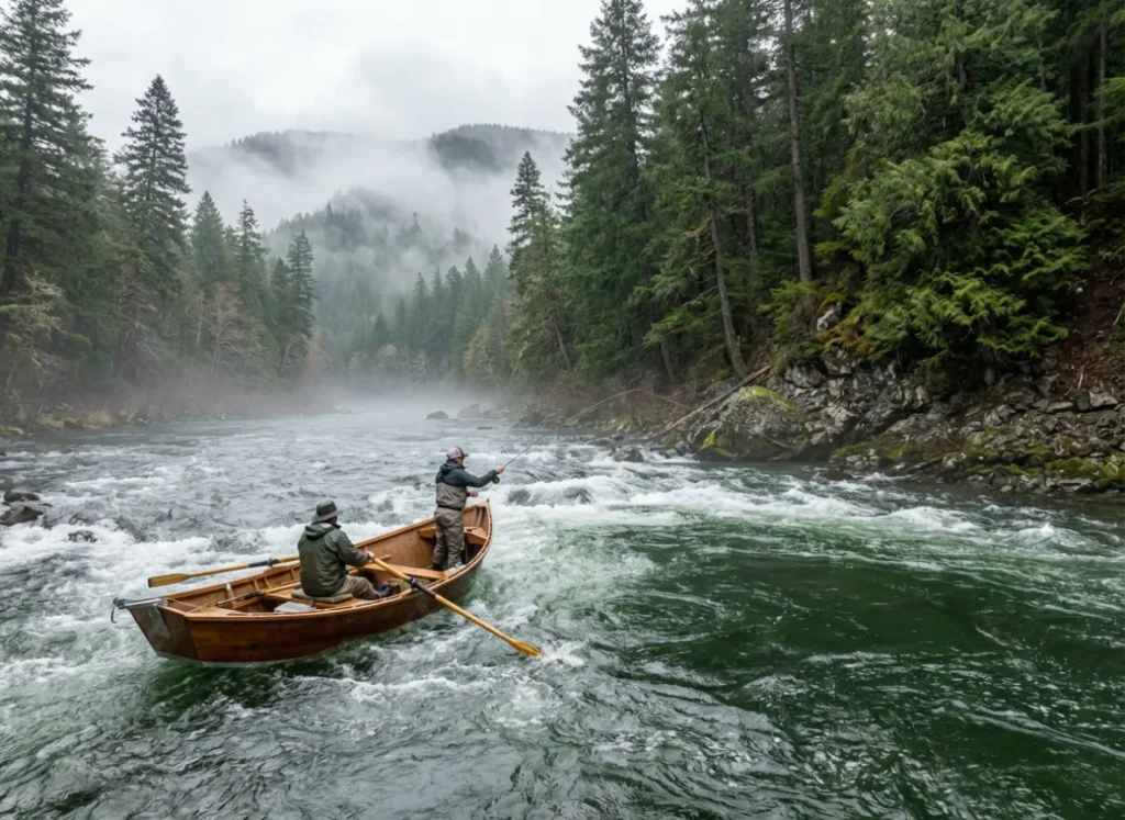 A drift boat floating down a scenic coastal river in Washington with anglers casting for salmon.