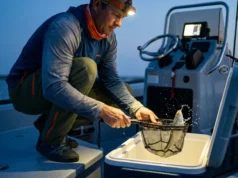 How to Keep Bait Alive: The Ultimate Survival Guide Angler inspecting a lively shad in a dip net over a bait cooler during early morning.