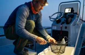 How to Keep Bait Alive: The Ultimate Survival Guide Angler inspecting a lively shad in a dip net over a bait cooler during early morning.