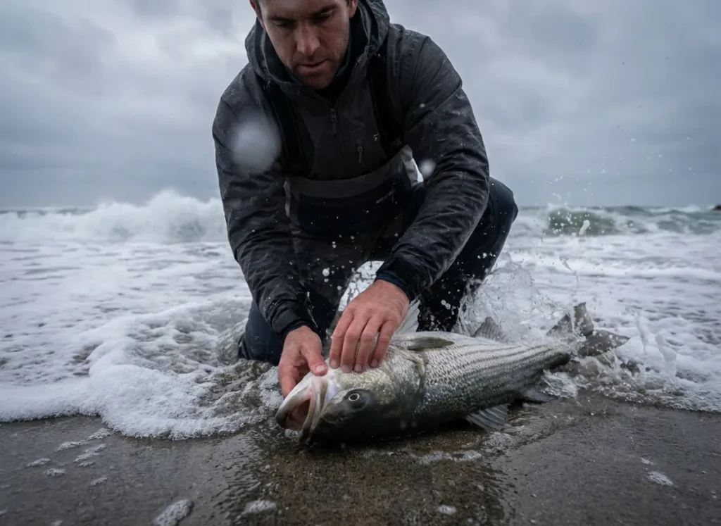 Angler kneeling in the surf landing a large fish as a wave recedes.