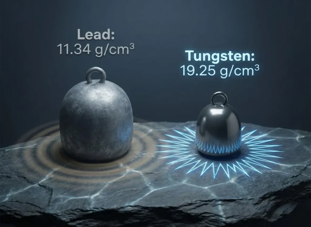 A photorealistic side-by-side comparison of a bulky lead fishing weight and a compact tungsten weight resting on a rocky surface, visualizing density and acoustic sensitivity.