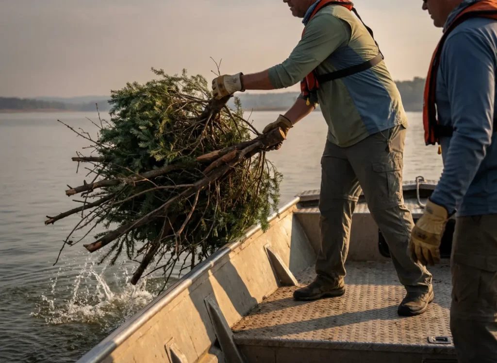 Anglers deploying a brush pile habitat structure from a boat into a lake.