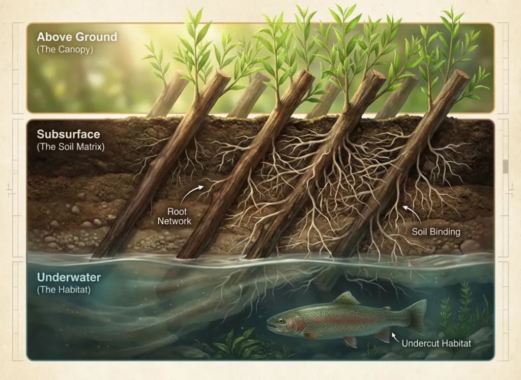 A detailed cross-section illustration of a riverbank showing "Live Willow Stakes" driven into the soil. The underground view reveals roots binding the earth, creating a stable undercut bank where a large trout is sheltering.