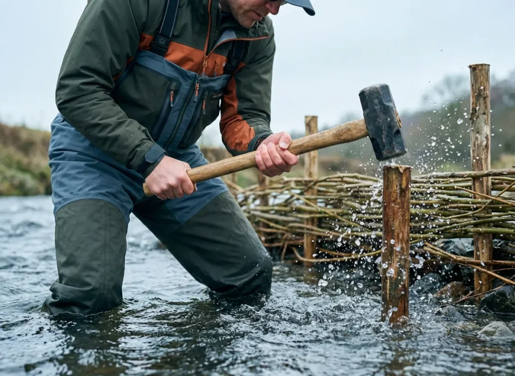 A conservationist driving a wooden post into a stream bed to build a beaver dam analog.