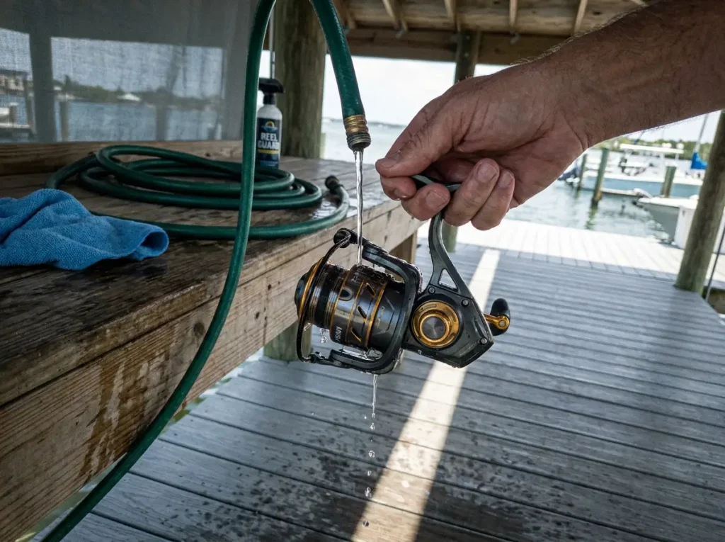Low-pressure freshwater rinse of a spinning reel at a dock spigot, the washdown that saves saltwater gear
