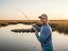 Mastering Brackish Water Fishing: A Species & Lure Guide A man in his early 30s wearing a performance fishing shirt casts his line into a beautiful brackish water marsh at sunrise.