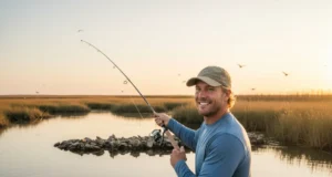 Mastering Brackish Water Fishing: A Species & Lure Guide A man in his early 30s wearing a performance fishing shirt casts his line into a beautiful brackish water marsh at sunrise.