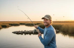 Mastering Brackish Water Fishing: A Species & Lure Guide A man in his early 30s wearing a performance fishing shirt casts his line into a beautiful brackish water marsh at sunrise.
