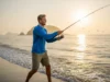 Mastering Shore Fishing: A Step-by-Step Angler’s Guide A man in his early 30s wearing a sun shirt casts a fishing line from a sandy shore at sunrise.