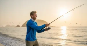 Mastering Shore Fishing: A Step-by-Step Angler’s Guide A man in his early 30s wearing a sun shirt casts a fishing line from a sandy shore at sunrise.