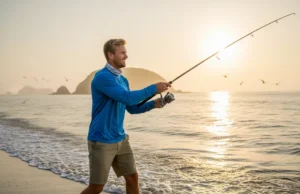 Mastering Shore Fishing: A Step-by-Step Angler’s Guide A man in his early 30s wearing a sun shirt casts a fishing line from a sandy shore at sunrise.