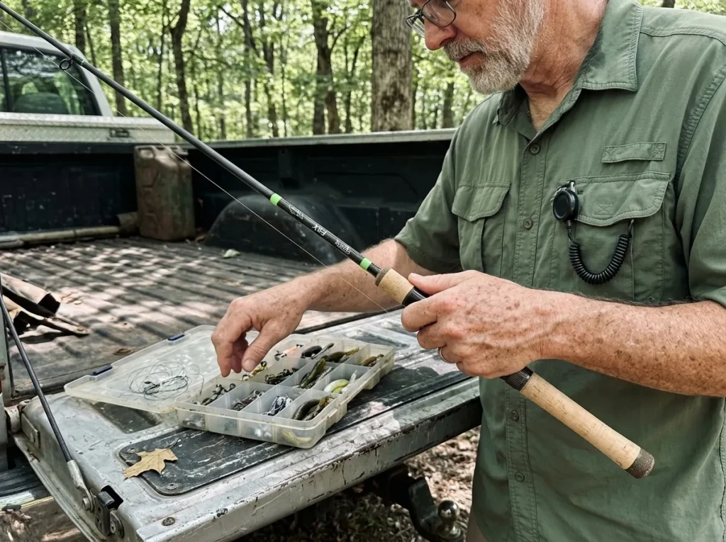 Angler choosing a rod and jig from a tackle tray to match technique to rod power and action