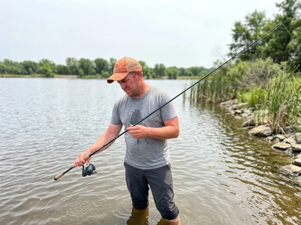 Frustrated angler with a limp line after a missed hookset from a mismatched rod combo