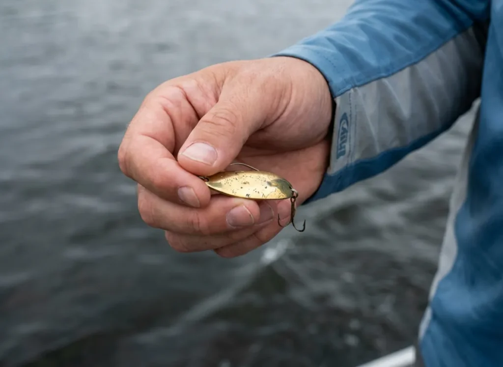 Angler holding a gold spoon lure with a brackish creek current seam in the background.
