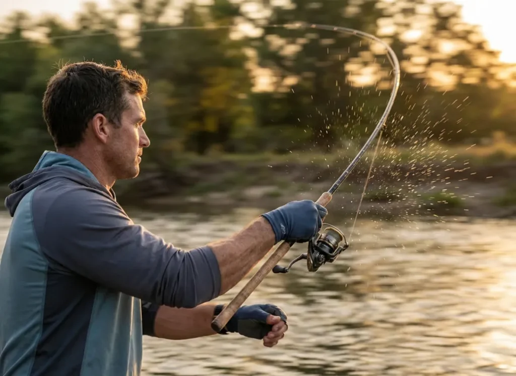Angler hiking over rough terrain wearing a tactical fishing backpack and rod sling.