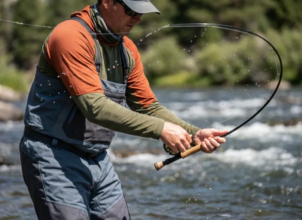 An angler casting a modern carbon fiber fishing rod with water droplets flying from the line.
