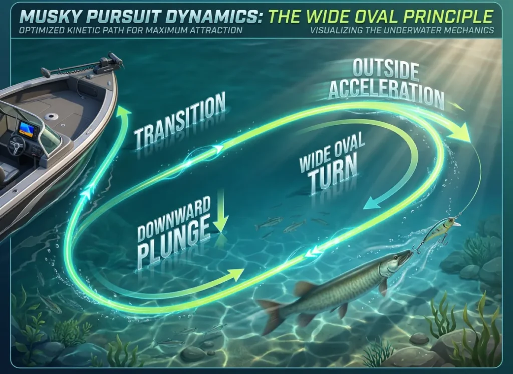 A high-definition top-down diagram showing the physics of the Musky Figure 8 maneuver at the side of a boat. A glowing trajectory line illustrates the rod tip path through the water, labeled with stages like Transition, Downward Plunge, Wide Oval Turn, and Outside Acceleration.