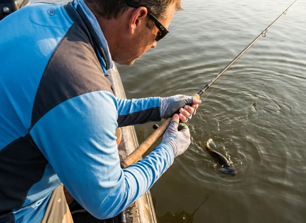 Angler performing a figure 8 maneuver with the rod tip in the water.