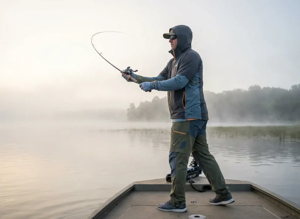 A lone angler casting for musky on a large, misty lake at sunrise.