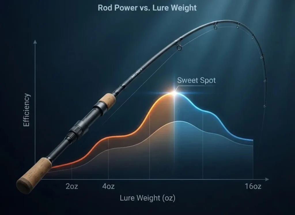 A stunning 3D infographic illustrating the physics of a Musky fishing rod. A high-end rod bends under load, with a glowing holographic efficiency curve overlay showing the "Sweet Spot" between rod power and lure weight.