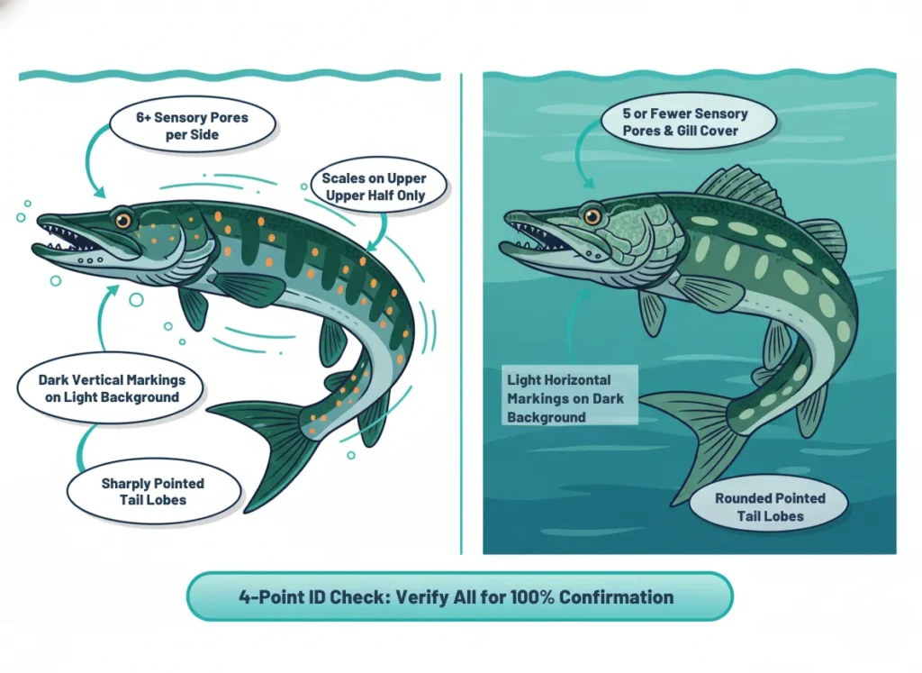 Master Fishing Magazine musky vs northern pike 4 point id check infographic
